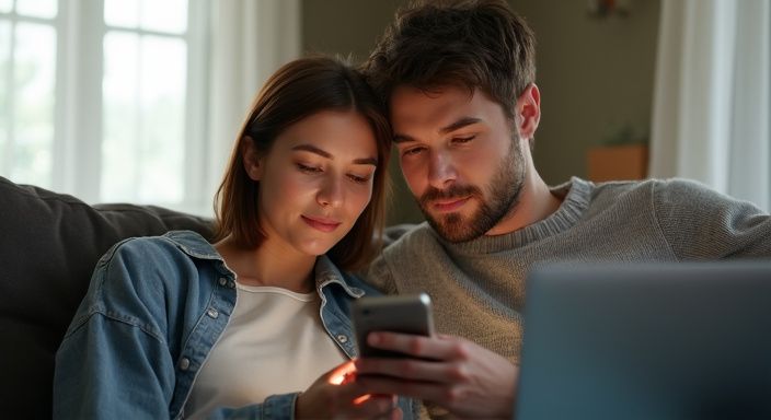 Ein Paar sitzt nah beieinander und konzentriert sich auf ein Handy.