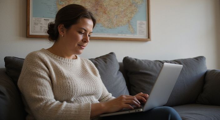 Eine mittelalte Frau sitzt entspannt auf einer Couch und arbeitet am Laptop.