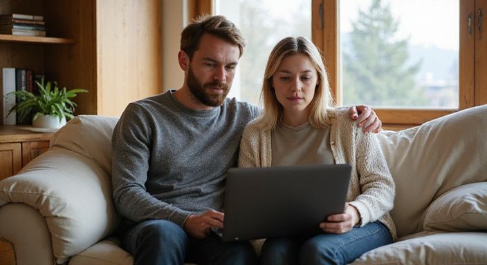 Ein Paar arbeitet konzentriert an einem Laptop auf einem Sofa und suche sexkontakt in Thurgau.