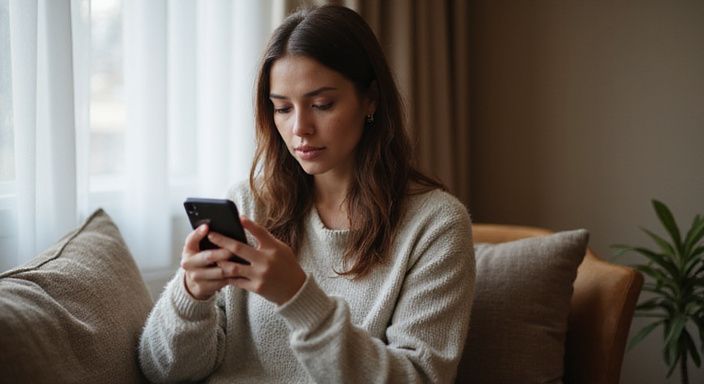 Eine Frau in einem gemütlichen Raum scrollt konzentriert auf ihrem Smartphone.