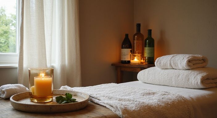 Ein ruhiger Massageraum mit eleganten Holzmöbeln und duftenden Ölen.