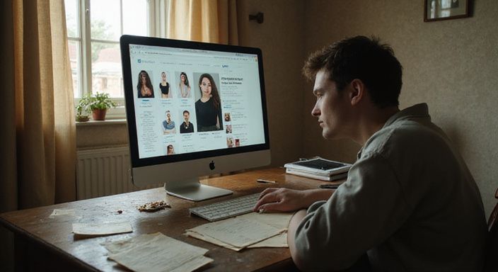 Ein Mensch studiert konzentriert Profile auf einem Computerbildschirm.