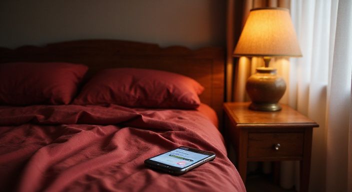 Ein einladendes Schlafzimmer mit einem roten Seidenbett und Smartphone.