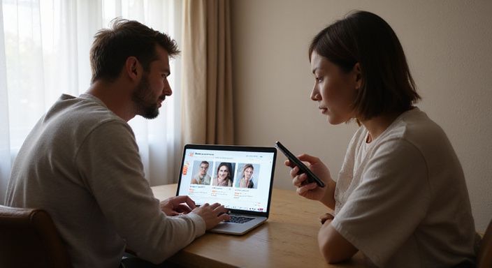 Ein Paar durchstöbert eine Website für Erwachsenenunterhaltung auf einem Laptop und wollen sexkontakt in Thurgau.