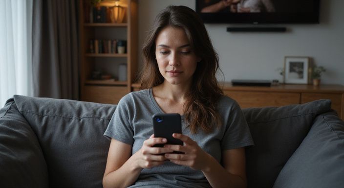 Eine Frau sitzt entspannt auf einer Couch und nutzt ihr Smartphone und suche sexkontakt in Thurgau.