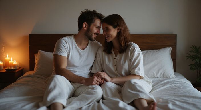 Ein Paar sitzt nah beieinander auf einem Bett und lächelt.