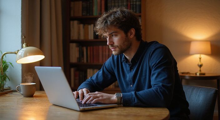 Ein Mann arbeitet konzentriert an seinem Laptop an einem Schreibtisch und suche Geheimes Sexkontakt in der Schweiz.