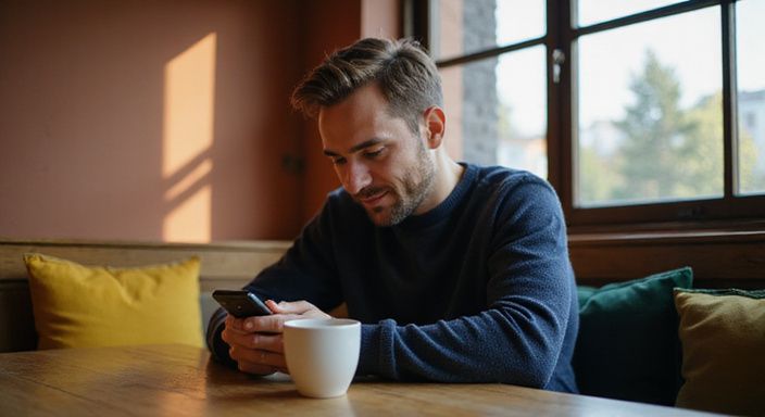 Ein Mann sitzt entspannt in einem modernen Café und schaut auf sein Smartphone.
