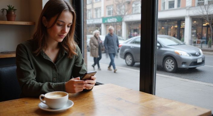 Eine junge Frau sitzt in einem Café und suche Geheimes Sexkontakt in der Schweiz.