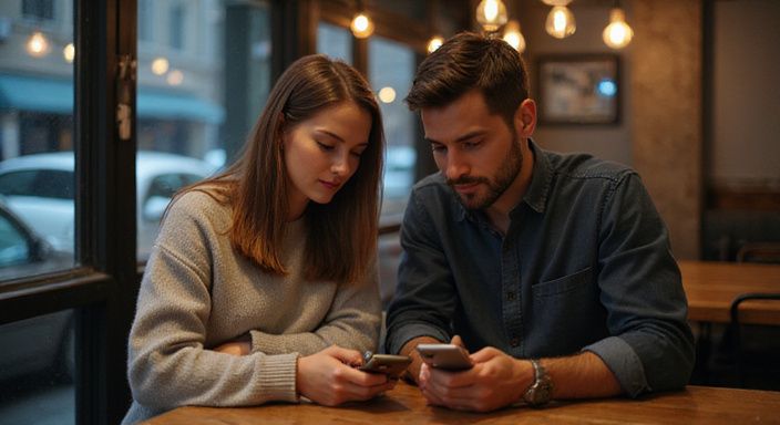 Ein Paar sitzt in einem Café und schaut konzentriert auf Smartphones.