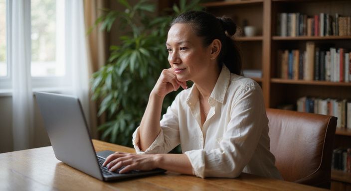 Eine mittelalterliche Frau arbeitet konzentriert an ihrem Laptop. Eine mittelalterliche Frau suche auf ihrem Laptop nach MILF Sexkontakt.