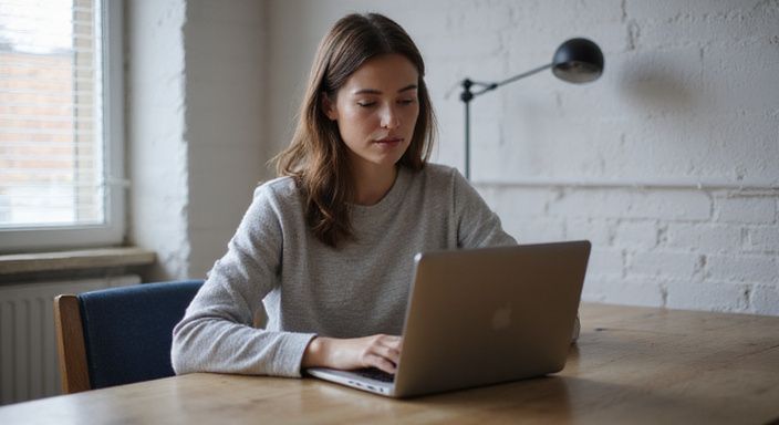 Eine Frau sitzt nachdenklich an einem minimalistischen Schreibtisch mit Laptop. Eine Frau sitzt nachdenklich an einem minimalistischen Schreibtisch mit Laptop.