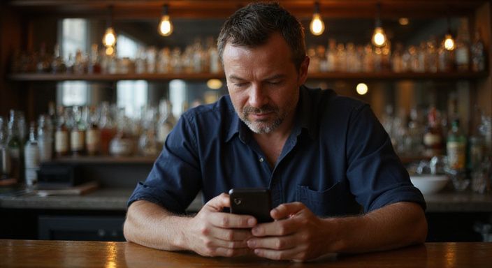Ein nachdenklicher Mann sitzt alleine an einer Bar und schaut auf sein Smartphone. Ein nachdenklicher Mann sitzt alleine an einer Bar und schaut auf sein Smartphone.