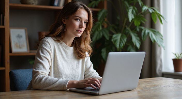 Eine Frau sitzt an einem Schreibtisch und arbeitet am Laptop. Eine Frau sitzt an einem Schreibtisch und arbeitet am Laptop.