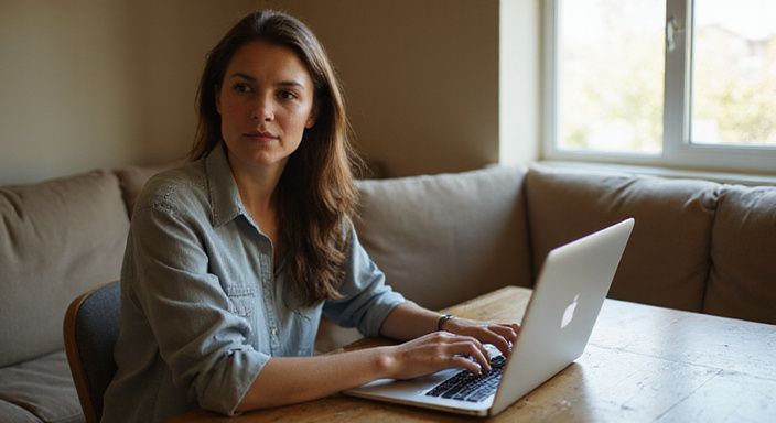 Eine Frau arbeitet an einem Laptop an einem Esstisch. Eine Frau arbeitet an einem Laptop an einem Esstisch und suche MILF Sexkontakt.