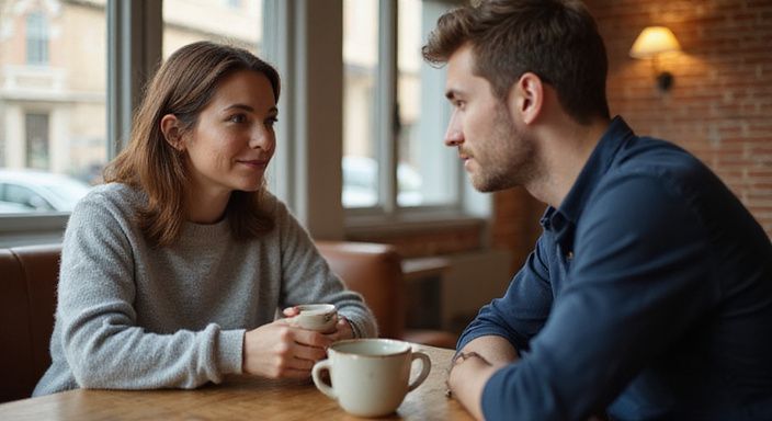 Eine Frau und ein Mann führen ein bedeutungsvolles Gespräch in einem Café. Eine Frau und ein Mann führen ein bedeutungsvolles Gespräch über MILF Sexkontakt in einem Café.