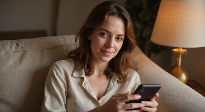 Eine Frau sitzt entspannt auf einer Couch und hält ein Smartphone. Eine Frau sitzt entspannt auf einer Couch und wollen MILF Sexkontakt.