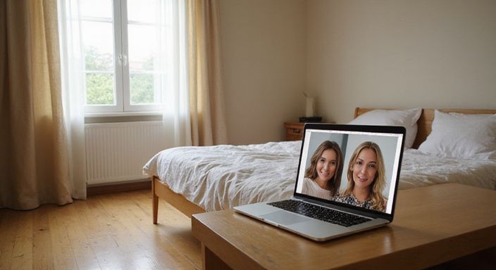 Ein einladendes Schlafzimmer mit einem Laptop und einem Dating-Profil. Ein einladendes Schlafzimmer mit einem Laptop und einem Dating-Profil.