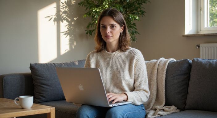 Eine Frau sitzt auf einem Sofa und nutzt einen Laptop. Eine Frau sitzt auf einem Sofa und nutzt einen Laptop.