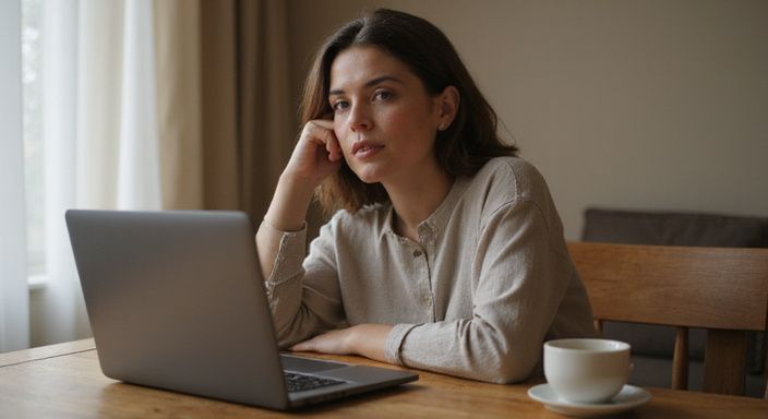 Eine Frau sitzt entspannt an einem Tisch mit Laptop und Kaffeetasse.