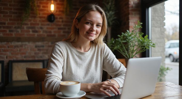 Eine Frau sitzt entspannt in einem Café und wollen sexkontakt in Freiburg.
