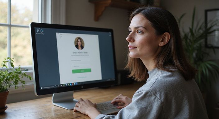 Eine Frau arbeitet konzentriert an ihrem Computer in einem Homeoffice und wollen sexkontakt in Freiburg.