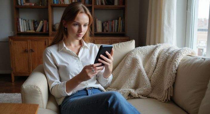 Eine Frau entspannt auf einem Sofa und scrollt am Smartphone.