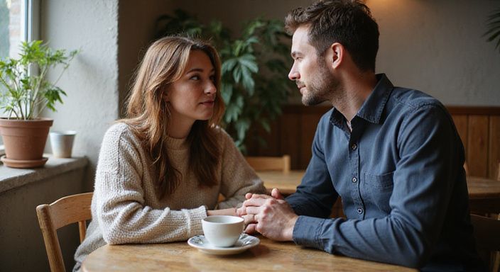 Ein Paar sitzt in einem Café und zeigt vorsichtige Neugier.