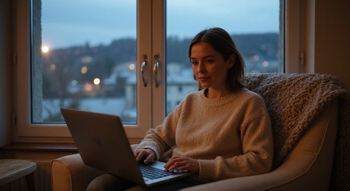 Eine Frau sitzt konzentriert am Laptop in einem gemütlichen Wohnzimmer.