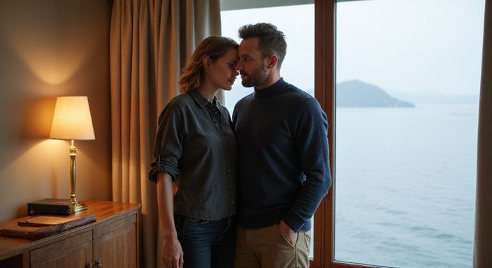 Ein Paar in einem eleganten Hotelzimmer mit Blick auf den Genfersee.