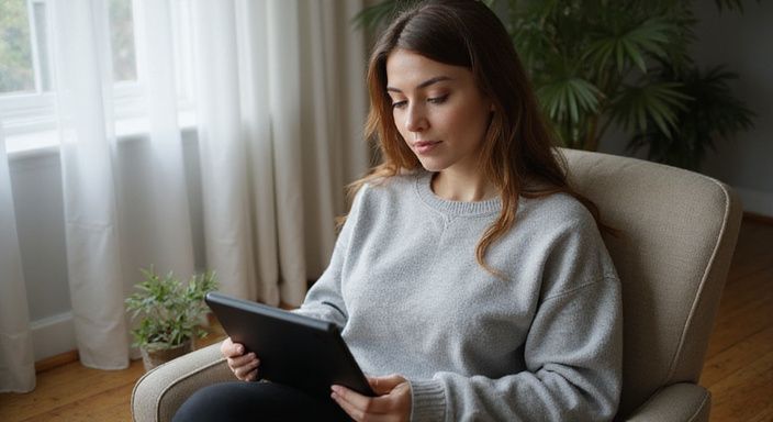 Eine Frau in einem beigen Sessel schaut konzentriert auf ein Tablet und suche sexkontakt in Uri.