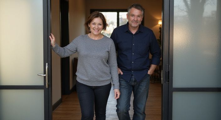 Eine Frau und ein Mann betreten ein minimalistisches Studio.
