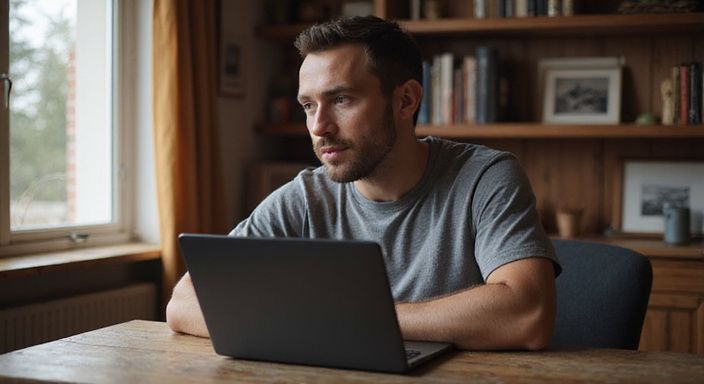 Eine Person prüft aufmerksam Datenschutz auf ihrem Laptop im Heimbüro.