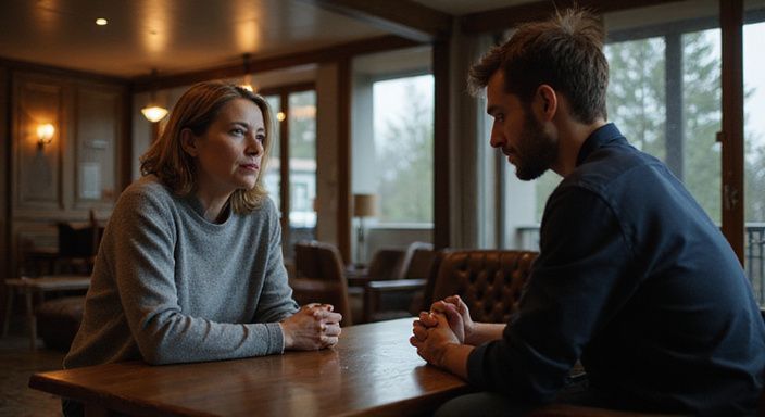 Eine Frau und ein Mann sitzen in einer Hotel Lobby gegenüber