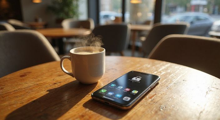 Ein Smartphone mit einer Dating-App auf einem Holztisch neben einer Kaffeetasse.