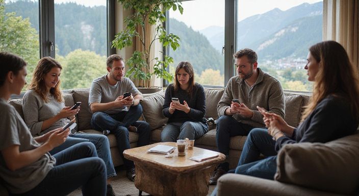 Eine Gruppe von Erwachsenen nutzt gemeinsam Dating-Apps in einem Wohnzimmer.