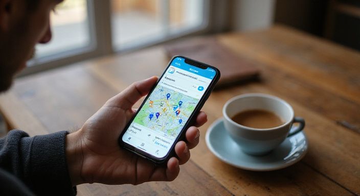Nahaufnahme eines Smartphones mit interaktivem Schweiz-Kartenbildschirm und Tischdekoration.