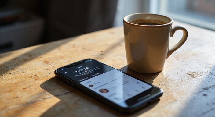 Ein Smartphone auf einem holzernen Schreibtisch neben einer Kaffeetasse.