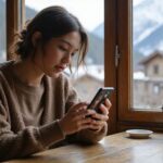 Eine Frau schaut konzentriert auf ihr Smartphone in einem Café