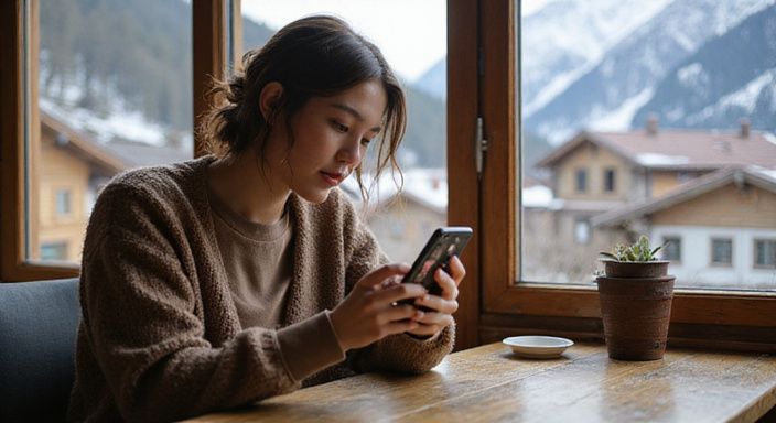 Eine Frau schaut konzentriert auf ihr Smartphone in einem Café und wollen Flirtkontakte in Schweiz.