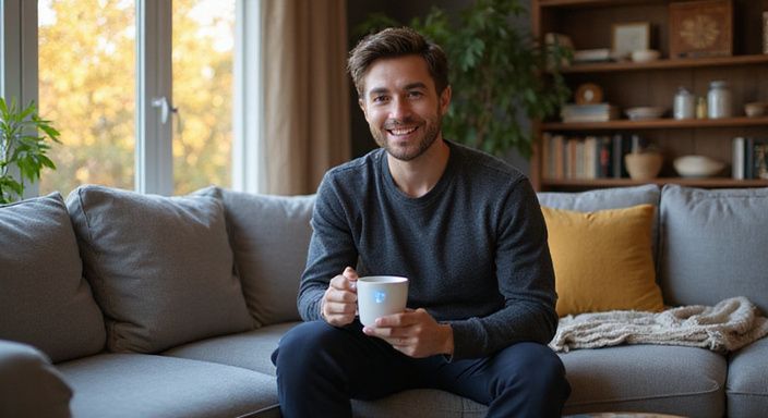 Eine überraschend lachende Person sitzt entspannt auf einer Couch.
