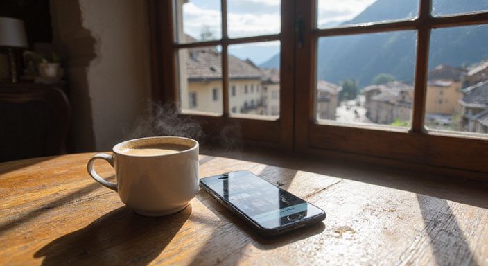 Ein Smartphone zeigt ein Dating-App-Interface neben einer Cappuccino-Tasse.