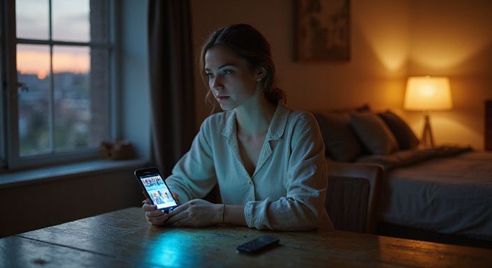 Eine Frau in Loungewear scrollt entspannt durch eine Dating-App für Flirtkontakte in Schweiz.