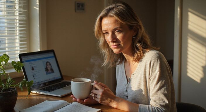 Eine nachdenkliche Frau nutzt ihr Handy zum Online-Dating.