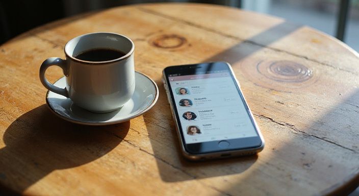 Ein Smartphone zeigt eine Dating-App f"r Flirtkontakte in Schweiz auf einem abgenutzten Holztisch.