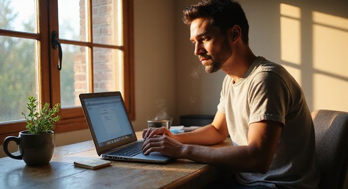 Eine Person tippt konzentriert an einem Laptop in ihrem Schlafzimmer und suche Flirtkontakte in Schweiz.