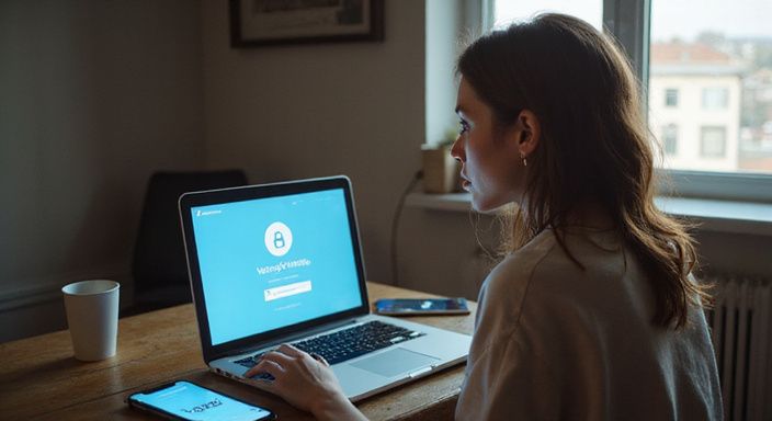 Eine Frau nutzt digitale Sicherheitsmaßnahmen beim Online-Dating für Flirtkontakte in Schweiz.