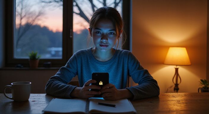 Eine konzentrierte Frau sitzt an einem Holztisch mit Smartphone.