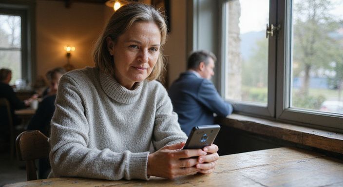 Eine Frau in entspannter Pose schaut hoffnungsvoll auf ihr Smartphone.