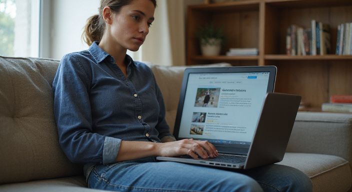 Eine Frau sitzt entspannt auf einem Sofa und betrachtet ihren Laptop.